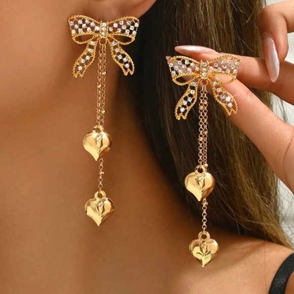 Jewelry - Gold Tone Rhinestone Bow Heart Drop Earrings